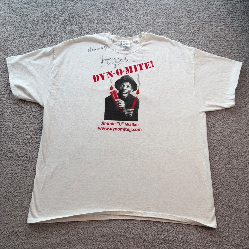 Gildan Jimmie JJ Walker Dyn-O-Mite Signed White Graphic T-Shirt Mens 2XL